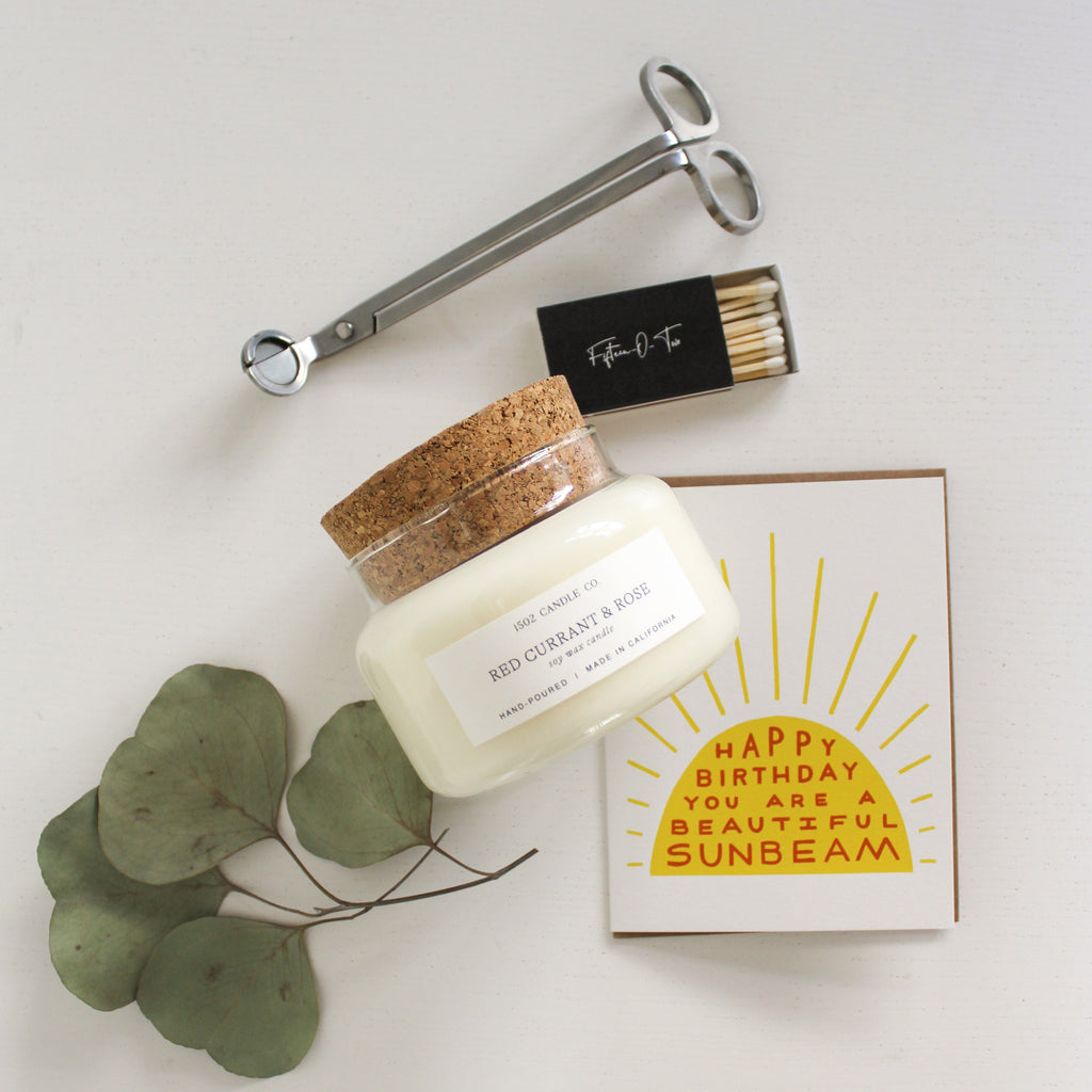 Gift bundle #1 with an apothecary jar soy wax candles, greeting card, wick trimmer and box of matches.