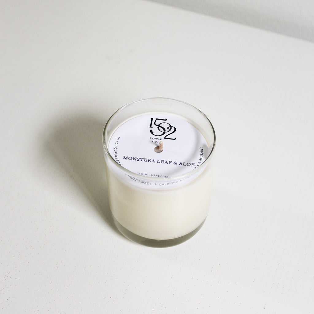 Monstera Leaf and Aloe soy wax reusable candle.