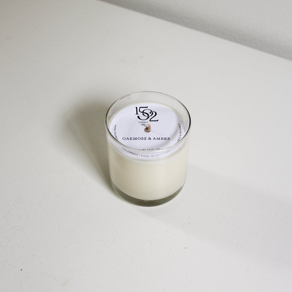 Oakmoss and Amber soy wax reusable candle.