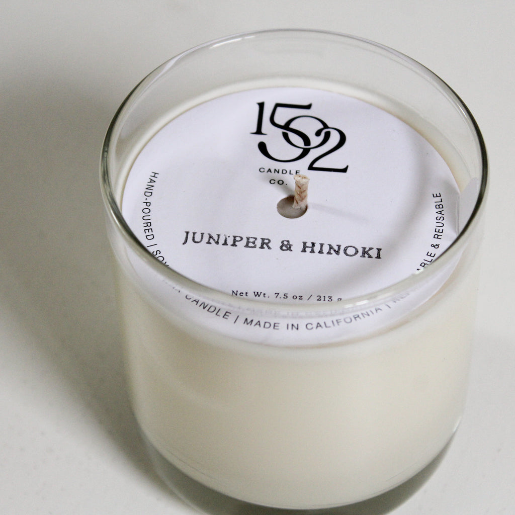 Juniper and Hinoki soy wax reusable candle.
